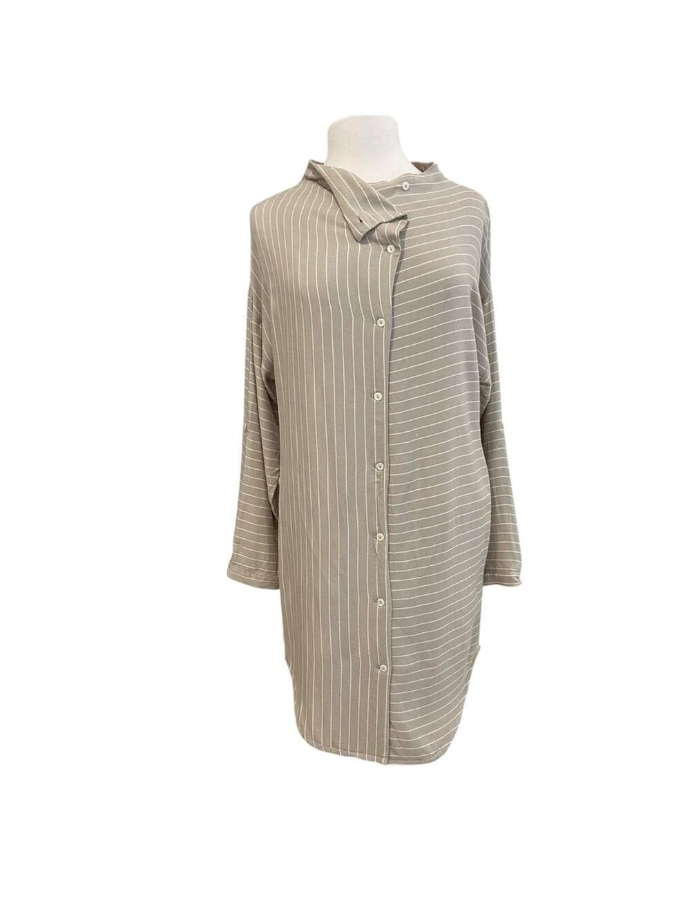 Melow boxy shirt Dress long sleeves pinstripes  beige white asymmetrical Small